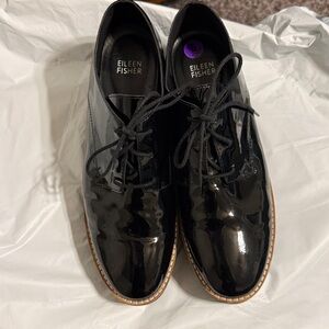 Eileen Fisher Eddy Black Patent Leather Platform Oxfords
